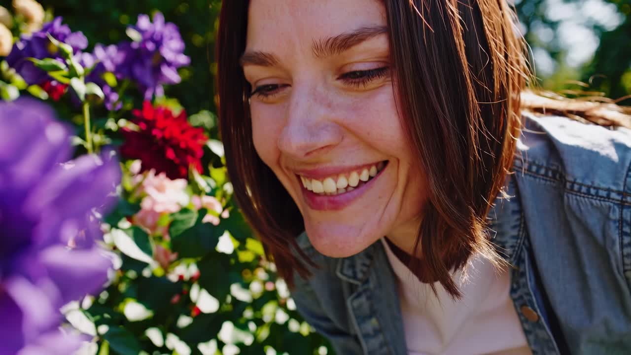 A top-down video shot of a woman tending colorful flowers in a garden, capturing a candid