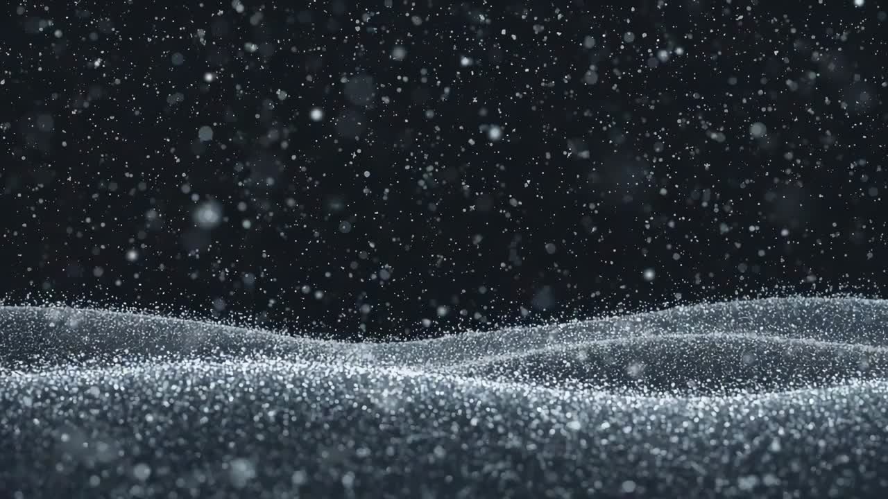 暗いスタジオで明るい粒子がきらめきながら波紋を形成し、水滴が落ちる様子