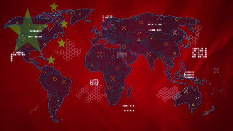 animación del mapa del mundo contra el fondo de la bandera china ondeando