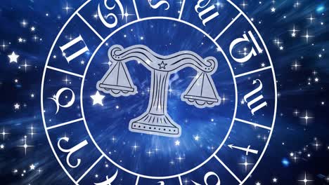 animation of libra star sign symbol in spinning horoscope wheel over glowing stars