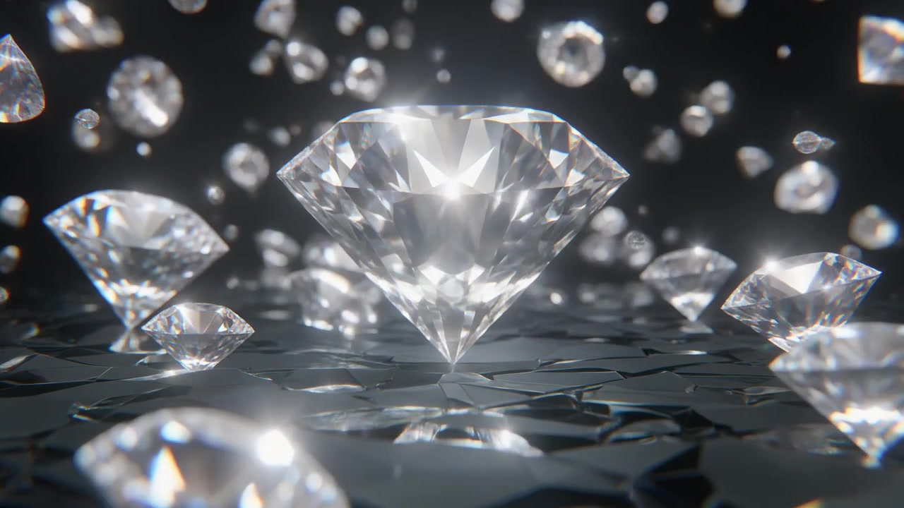 Stor glitrende diamant omgitt av svevende edelstener på mørk sprukket overflate