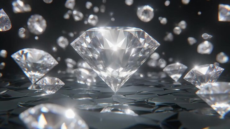 Grande diamante scintillante circondato da gemme fluttuanti su superficie scura e incrinata