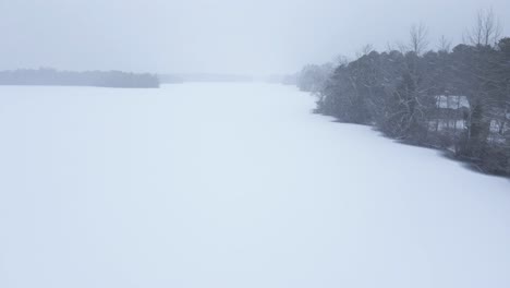 aerial view of snowy pine trees on a freezing lake - aerial drone flying forward fast