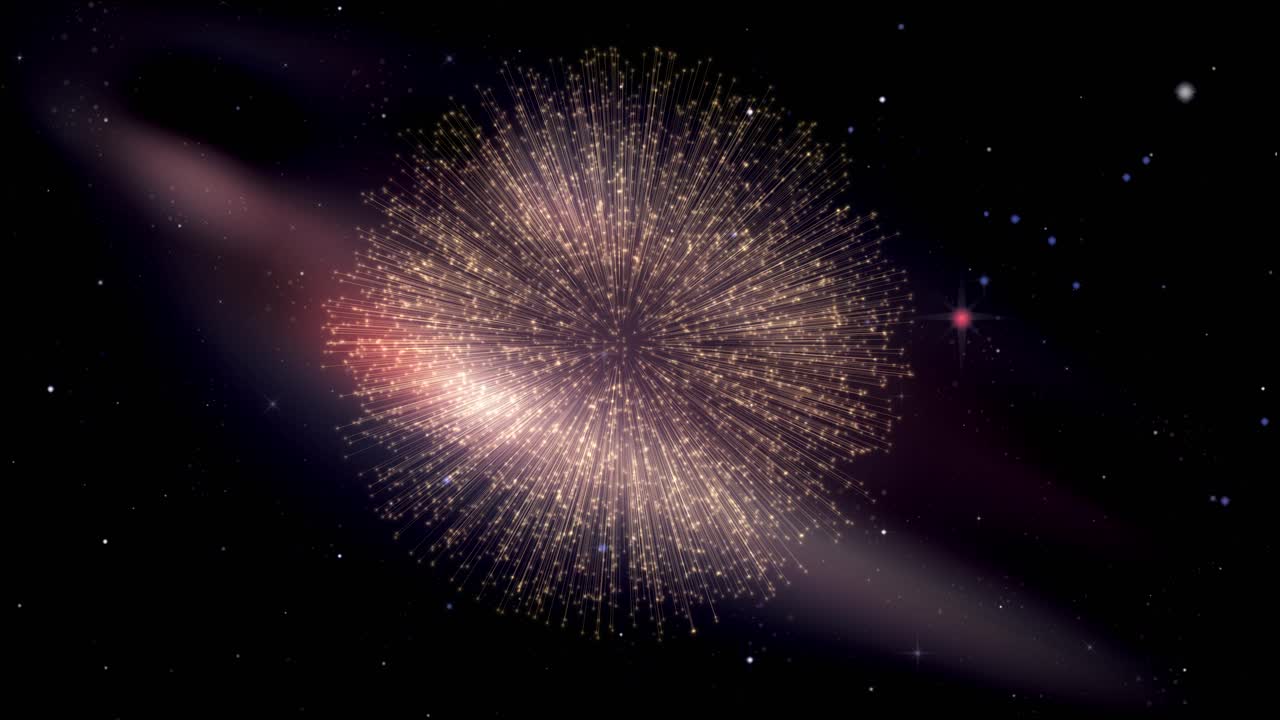 Bright fireworks burst and fade over a deep space background with purple nebulae and stars