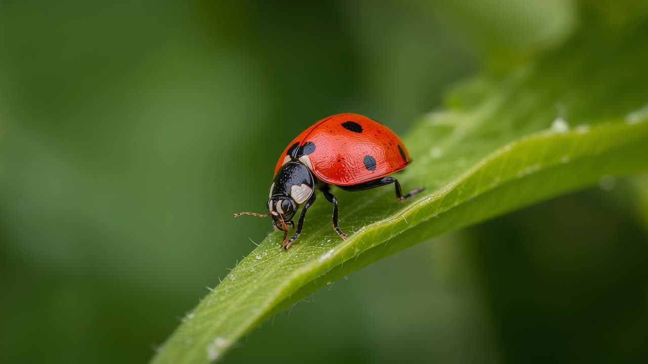 Walking red 7-spot ladybug antennae touching garden leaf, probing, seeking food, moving toward stem