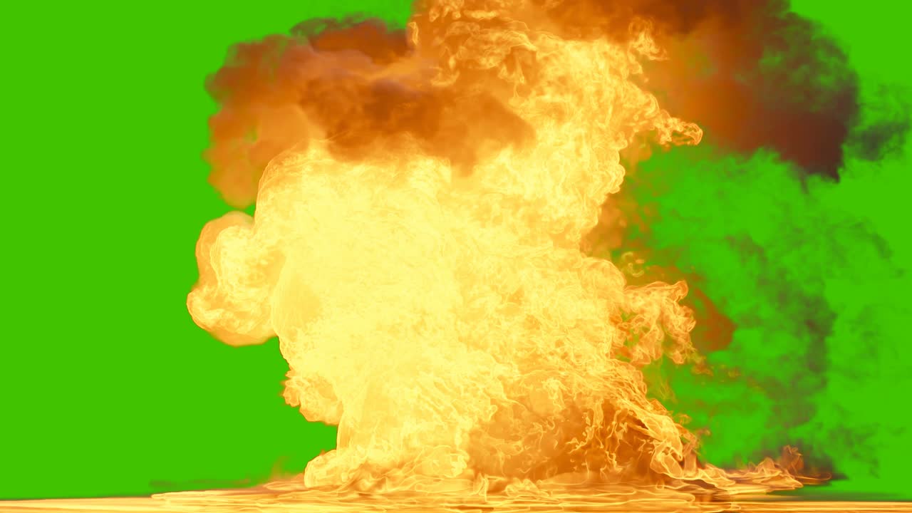 fuego fuerte de combustible ardiente con humo espeso. transición realista de la explosión de fuego con alfa. fuego con humo y explosiión de combustible. animación vfx frente a la pantalla verde.