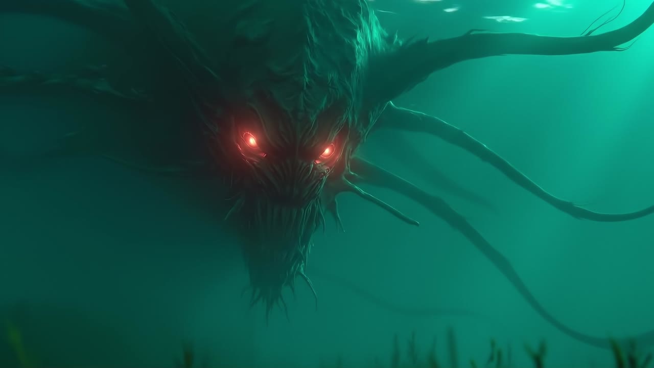 A monster with red eyes swimming in the ocean