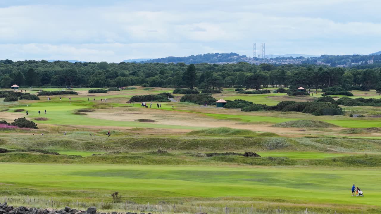 Golfer walks with bag on lush fairway, wide landscape view, natural daylight, steady camera