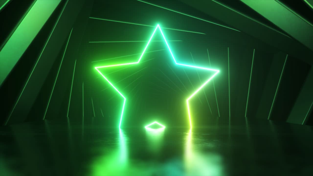 estrella verde y amarilla de neón en un túnel futurista
