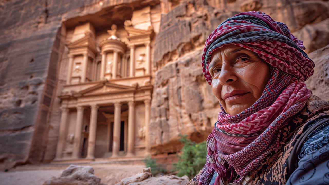 Riprese ravvicinate di una donna beduina che indossa una tradizionale kefiah, con la facciata scolpita del Tesoro sullo sfondo a Petra, Giordania, concetto di viaggio e cultura.