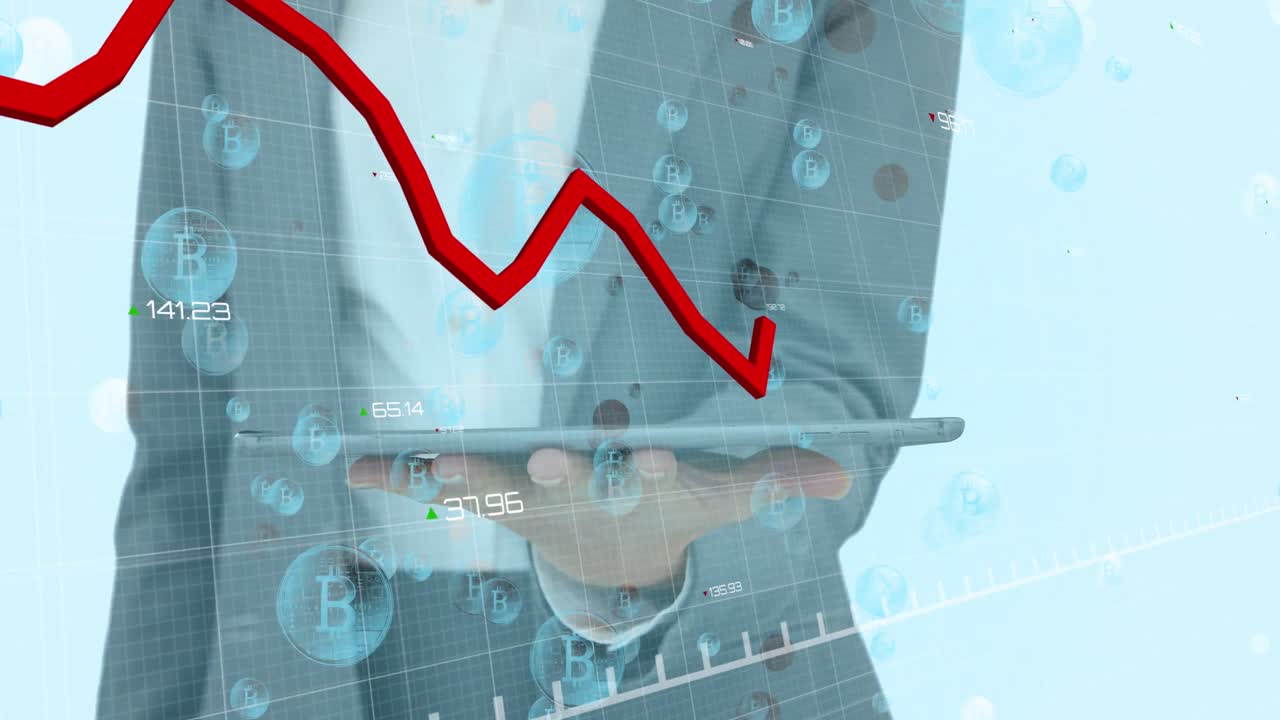 ⁇ 은 선의 애니메이션과 비트코인 기호와 태블릿을 가진 사업가에 대한 통계 처리