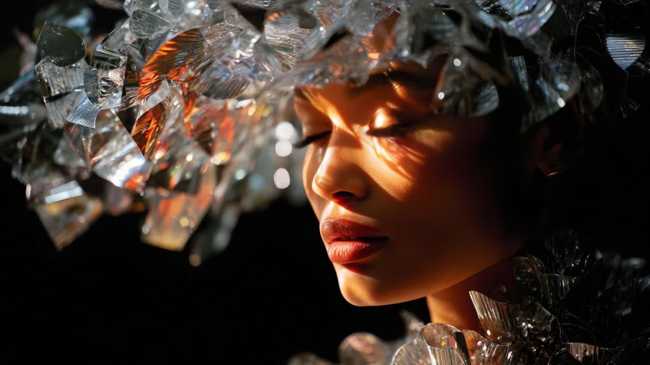 A Fascinating Portrait of a Young Woman Adorned with Sparkling Crystalline Headpiece, Capturing Natural Light and Shadow Play to Create an Ethereal Atmosphere
