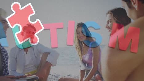 animation of colourful puzzle pieces and autism text over happy friends at summer beach party