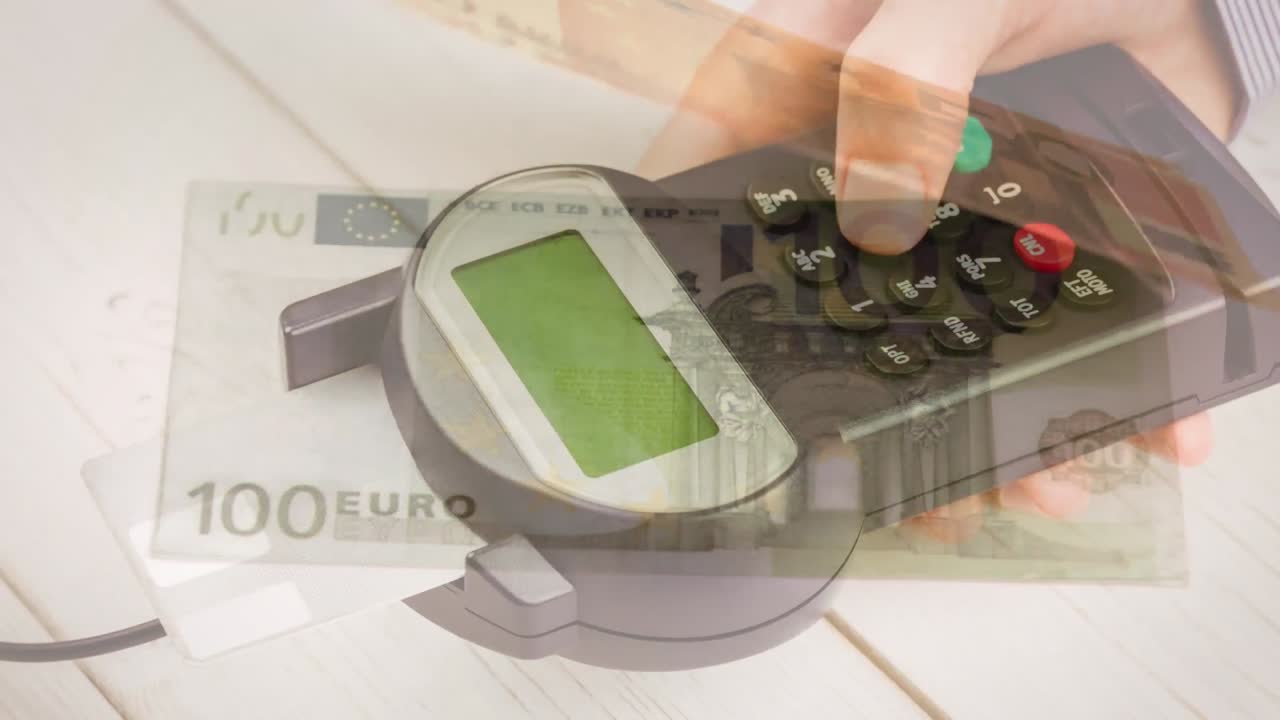 유로 지폐가 결제 터미널을 들고 있는 백인 남자의 손에서 떨어지는 애니메이션