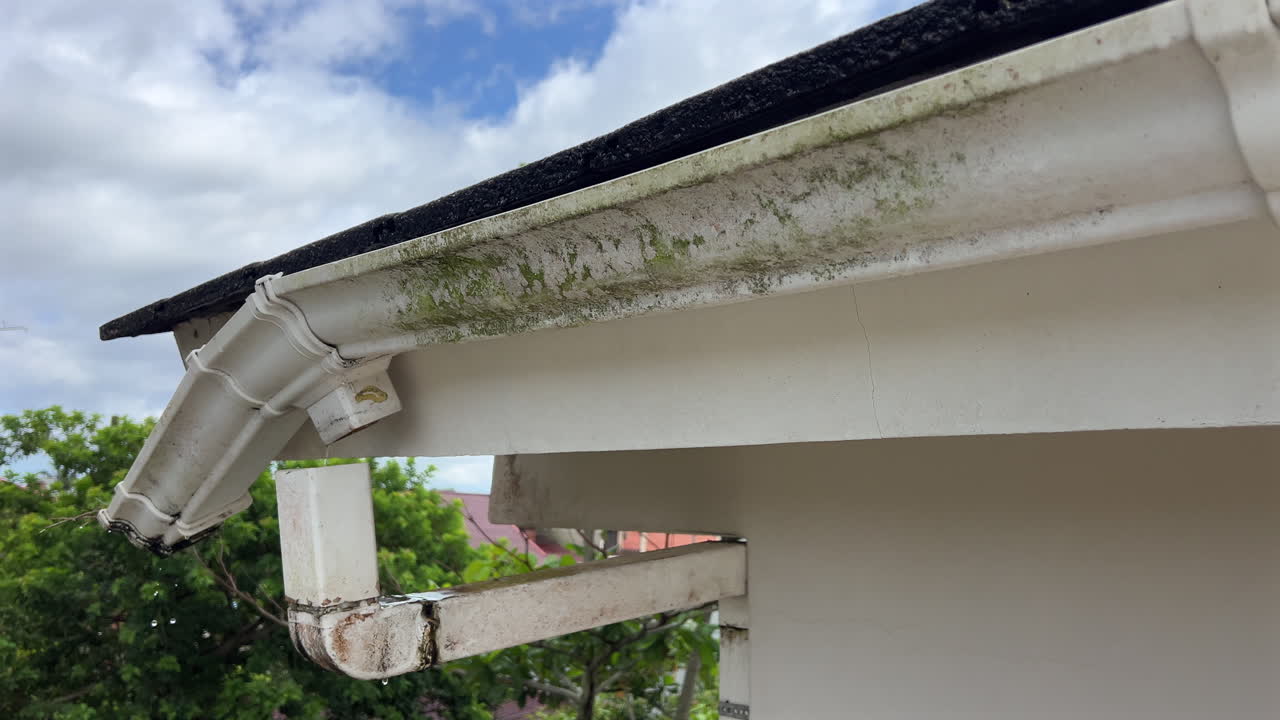 Neglected white rain gutter on a house with grass growing inside, leading to a disconnected and leaking downspout pipe. 4K ProRes 30fps