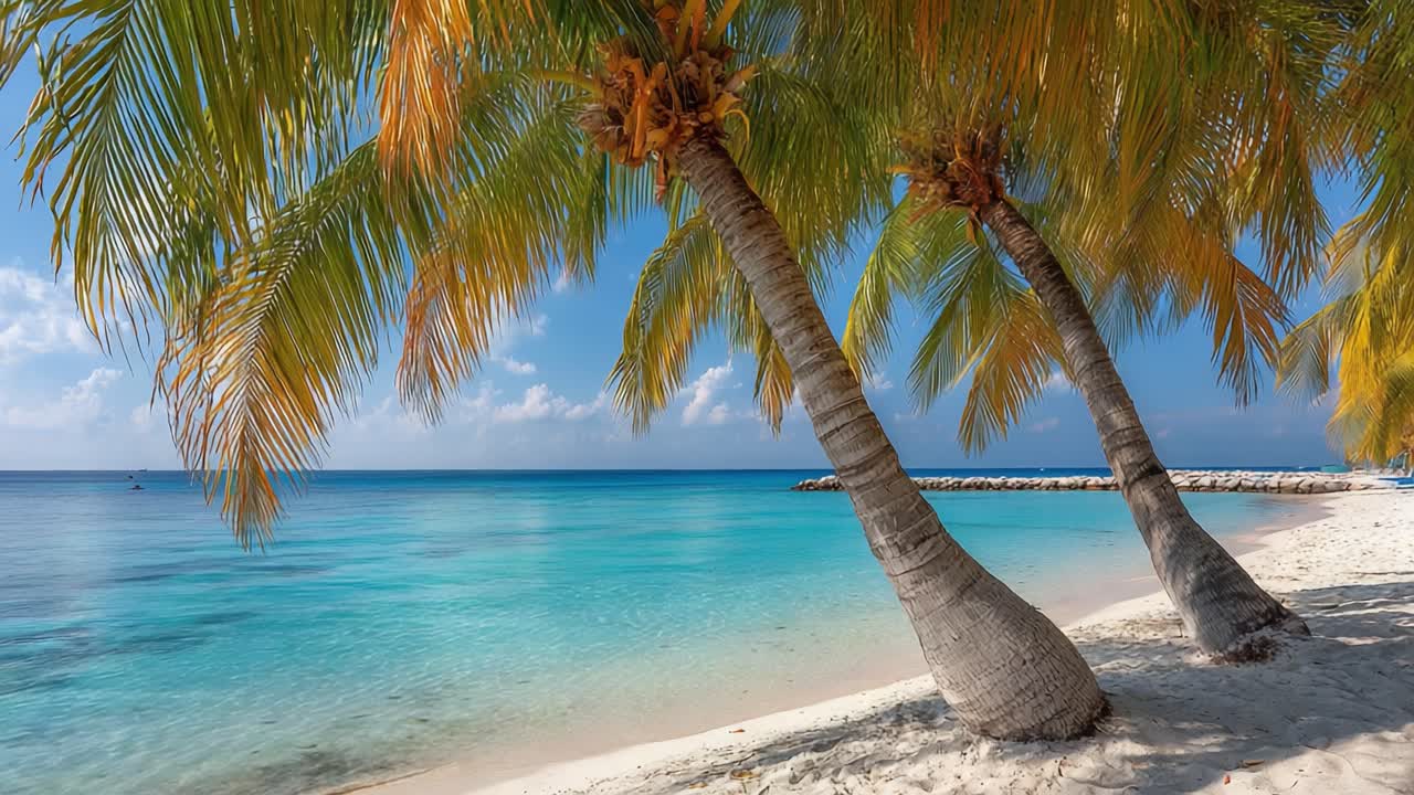 A Serene Tropical Paradise Featuring Golden Palm Trees Framing Clear Blue Waters and Sandy Shores, Perfect for a Relaxing Escape or Vacation Getaway