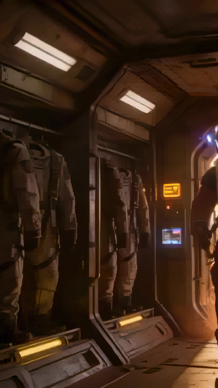 Vertical video: Returning astronaut in suit walking from hatch into hall with lockers, copy space