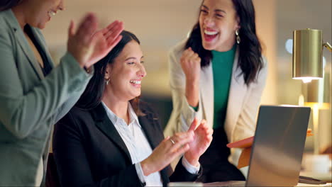 laptop, wow and applause with business women