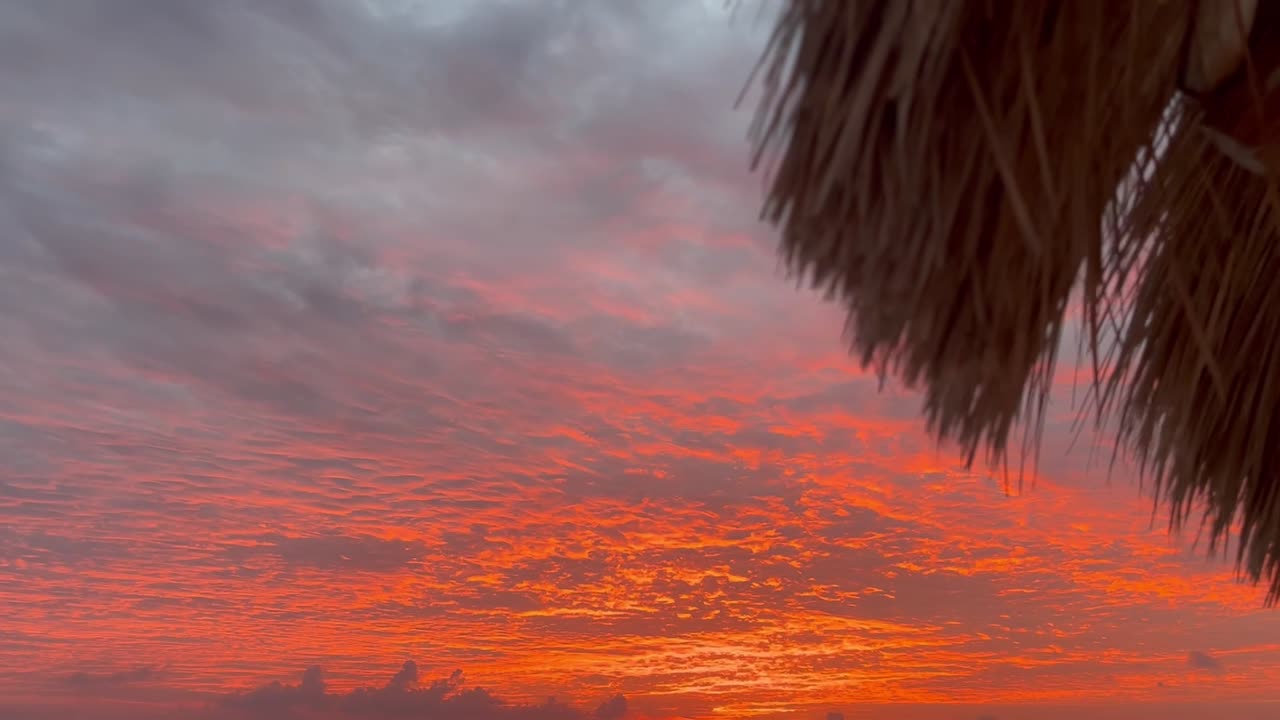 Palm Frond Thatch Cabana reveals amazing orange sunset, Isla Mujeres, Mexico