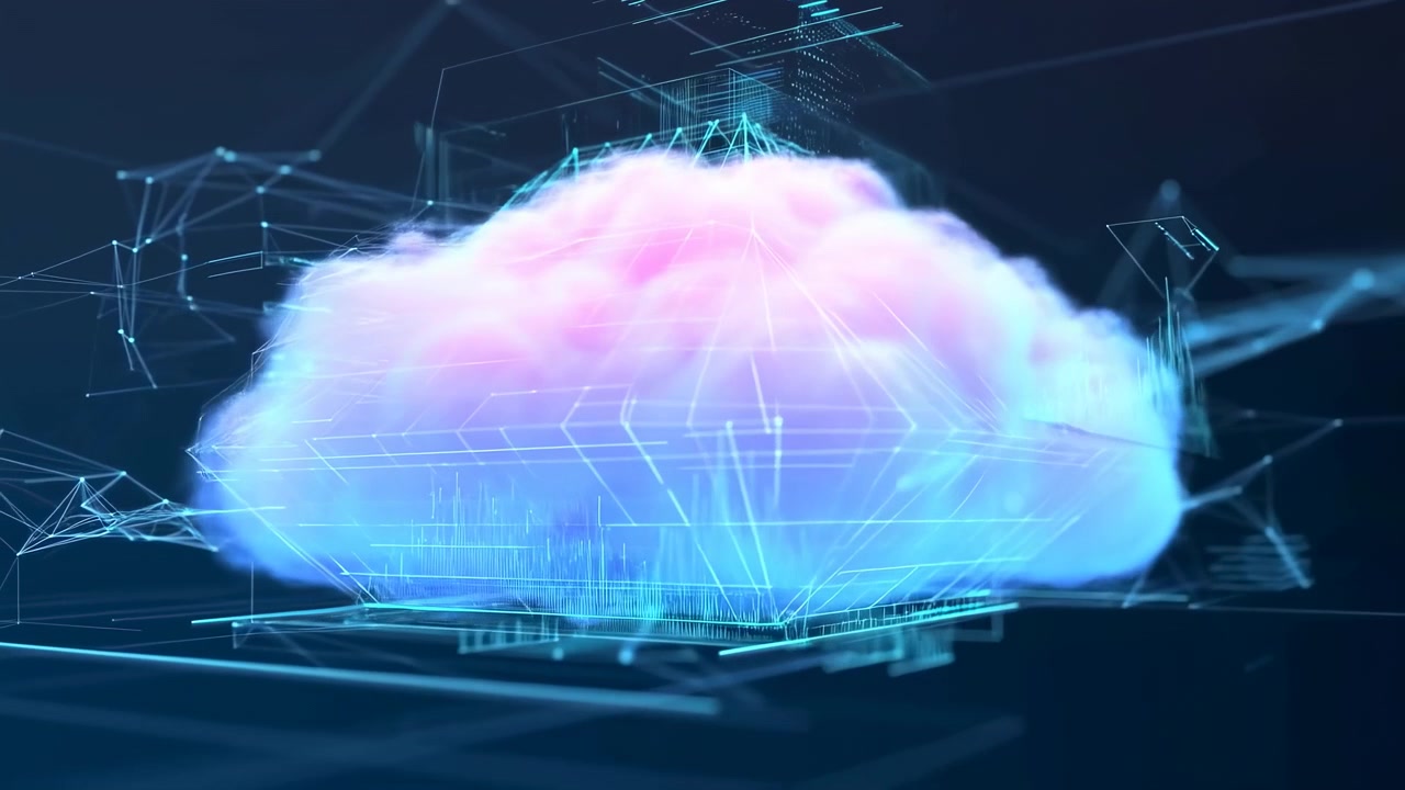 Central luminous cloud with soft vapor texture shifts from electric blue base to pink crown while cyan wireframe and holographic grid wrap around form, creating glowing depth inside dark network space