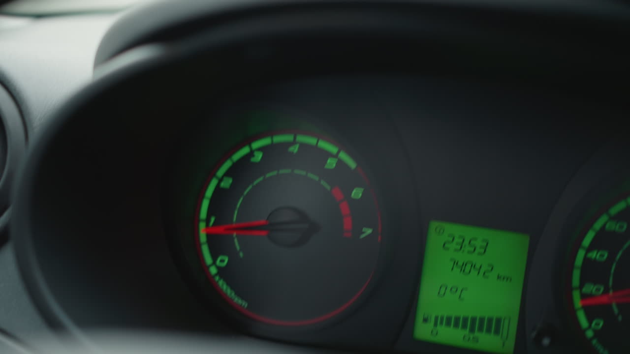 Dashboard close up with green illuminated dash cluster showing tachometer at 900 rpm, speedometer at 45 kmh, odometer at 74042 km, digital display indicating 0 C temperature during wet urban drive