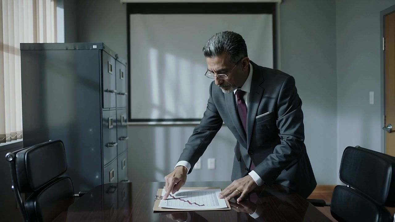 Retrieving man in suit taking folder from cabinet at table, pointing at falling chart to analyze