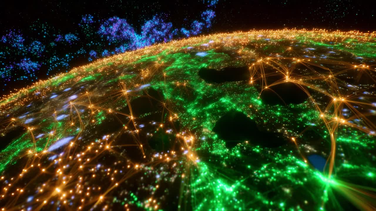 A mesmerizing view of a vibrant, illuminated Earth, showcasing dynamic green and golden connections that represent complex networks, combined with ethereal, glowing formations, all set against a starry backdrop