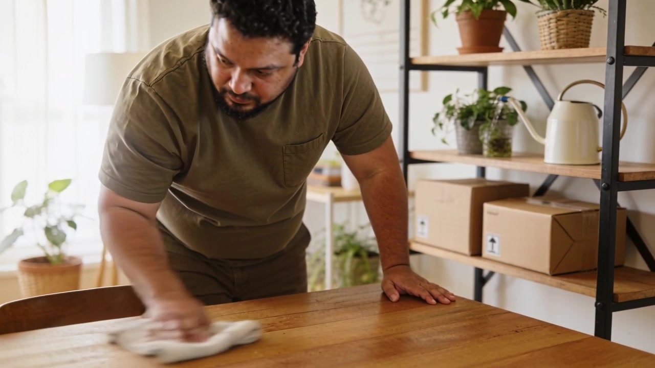 Reaching man wearing olive tee adjusting box, wiping wooden table with cloth at home preparing meal