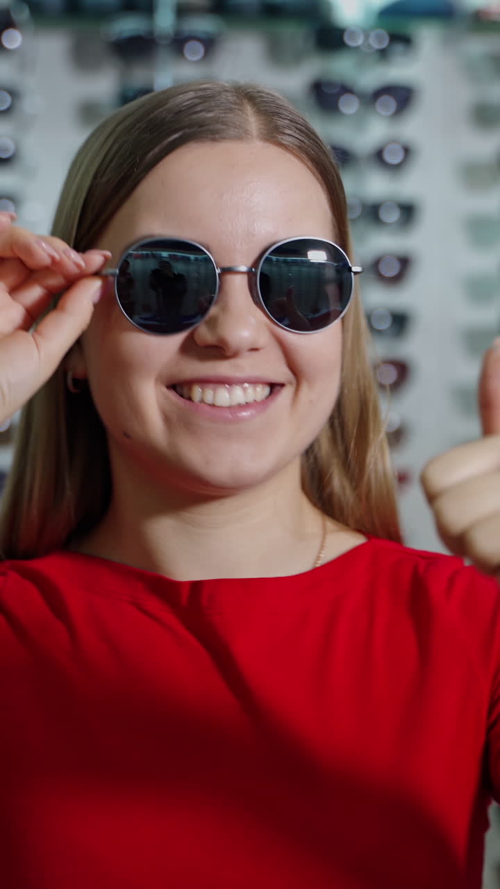 Portrait of a girl in stylish sunglasses indoors. Beautiful young woman wearing fashionable black glasses on the background of optical store. Vertical video