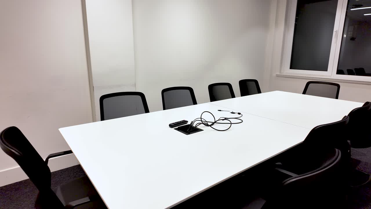 Bright Empty Meeting Room With White Table And Black Chairs For Corporate Presentations And Business Meetings Modern Office Interior With Window Light
