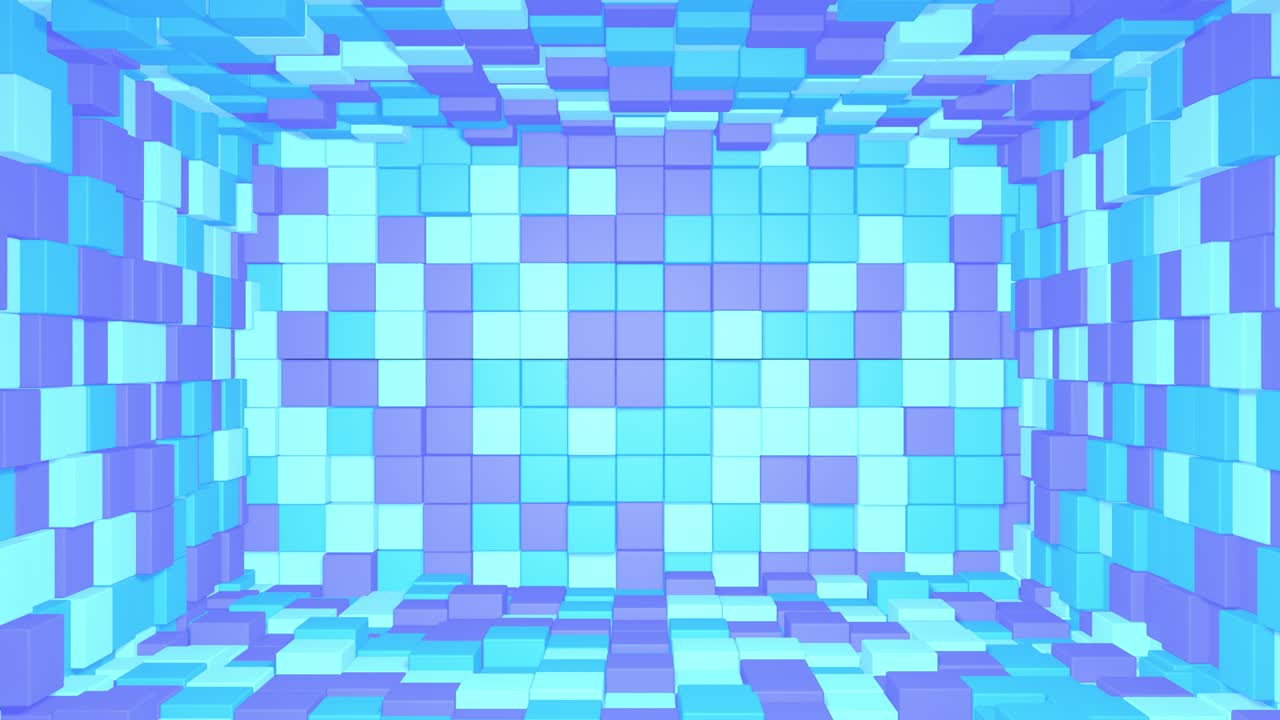 interior de la habitación abstracta con cubos púrpura azul. cubo de caja fondo geométrico aleatorio. fondo de mosaico de píxeles cuadrados. bloques de tierra. maqueta para su proyecto. bucle de animación 3d de 4k