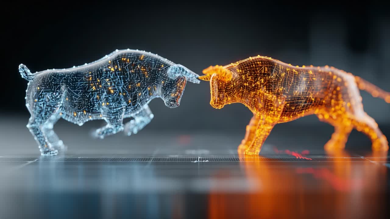 Toro digital dinámico contra choque de toros que ilustra las tendencias del mercado y los conceptos financieros con gráficos futuristas y elementos de tecnología innovadora