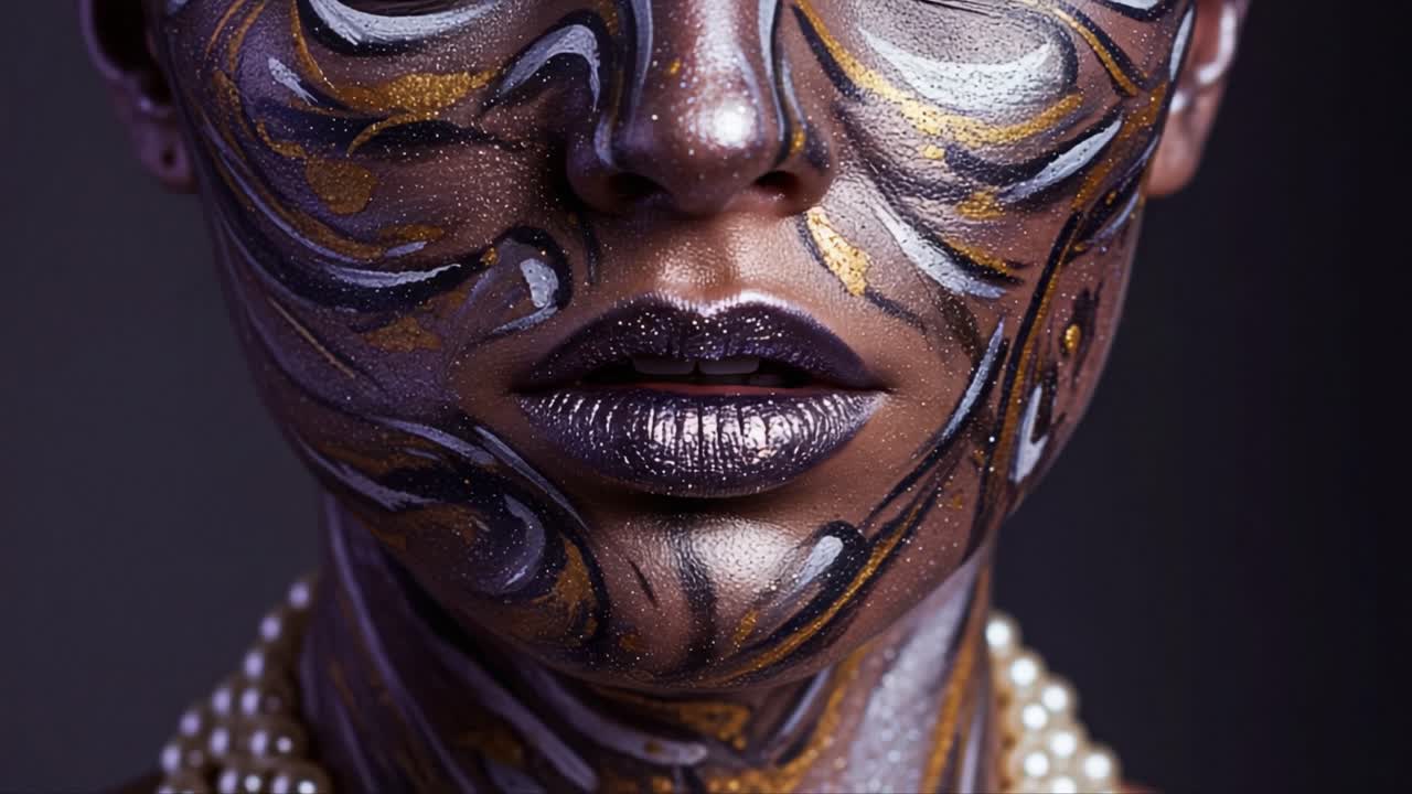 Mesmerizing Close-Up of an Artistic Face Painting, Showcasing Vibrant Colors and Intricate Patterns Enhancing Facial Features with Pearls Accentuating Elegance