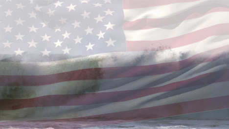 animation of flag of america waving over waves breaking in sea