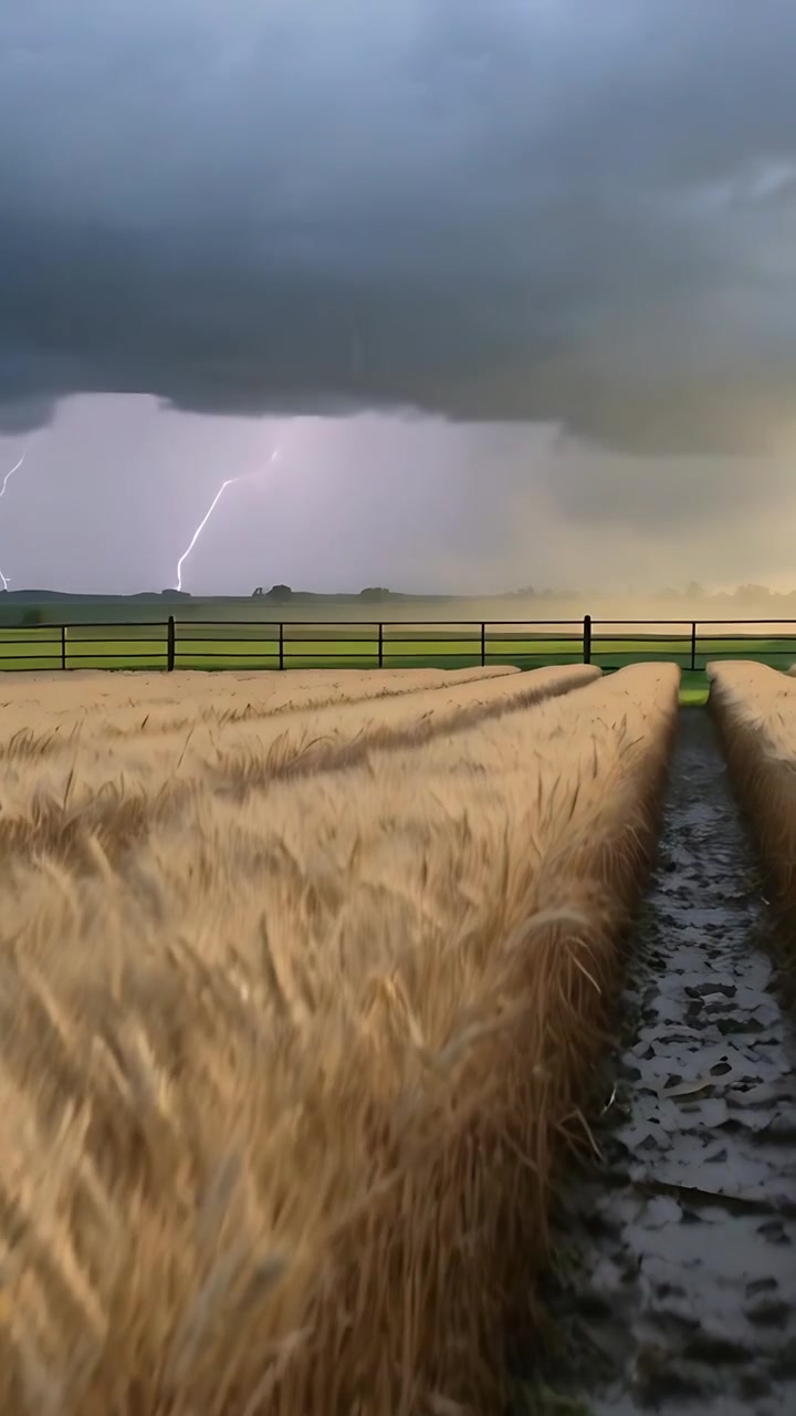 Vertikal video: Gjørmete sti leder mot metallgjerde på gård mens storm nærmer seg, hvete bølger
