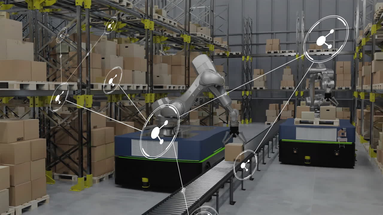 Animation of network of connections with icons over robot in warehouse