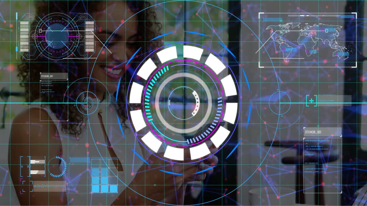 woman using smartphone interacting in office with AR tech interface showing HUD rings, world map