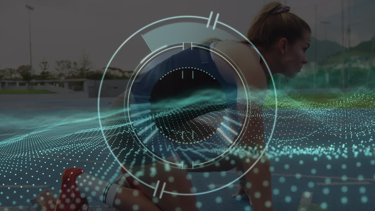 animación de un círculo en una pantalla digital sobre una mujer caucásica preparándose para correr en el estadio