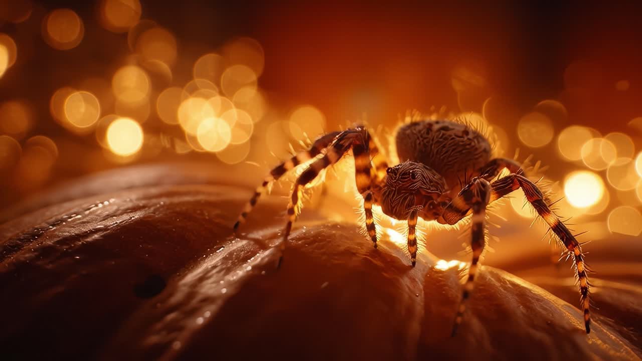 Close-Up of a Spider Crawling on a Pumpkin's Surface with Glowing Background and Bokeh Effects Captured in Soft Lighting