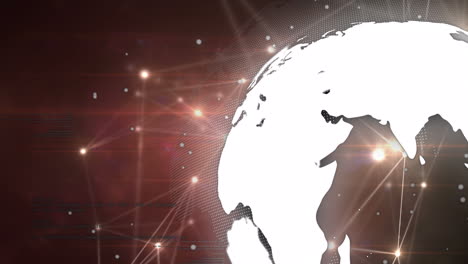 animación digital de una red brillante de conexiones sobre un globo giratorio contra un fondo rojo