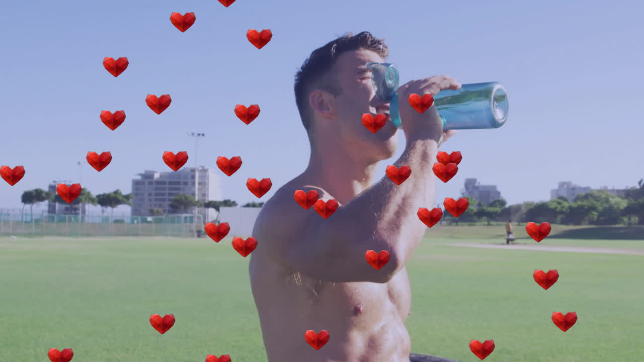 Drinking water outdoors, man with red heart animation overlay, feeling refreshed