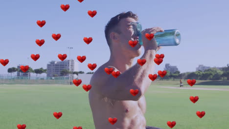drinking water outdoors, man with red heart animation overlay, feeling refreshed