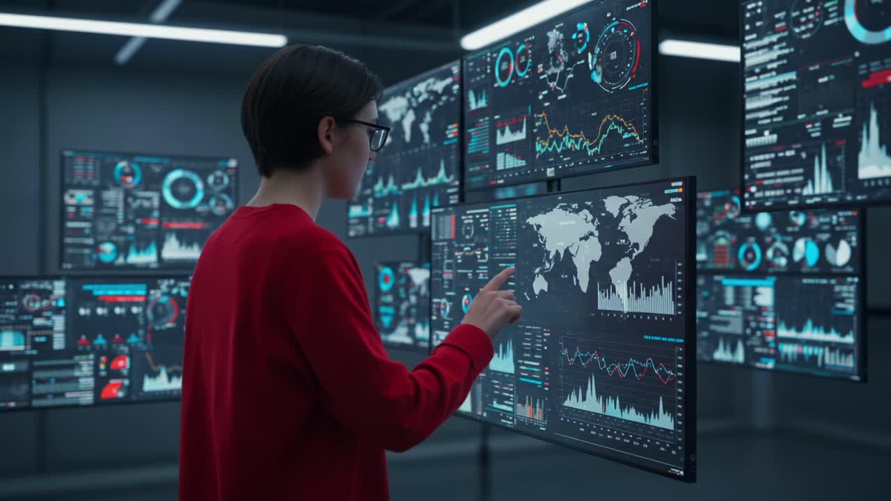 A User Interacting with Advanced Data Analysis Screens in a Modern Tech Environment, Analyzing Global Trends and Visualizations with Cutting-edge Technology