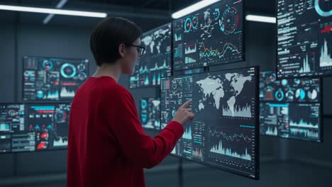 a user interacting with advanced data analysis screens in a modern tech environment, analyzing global trends and visualizations with cutting-edge technology