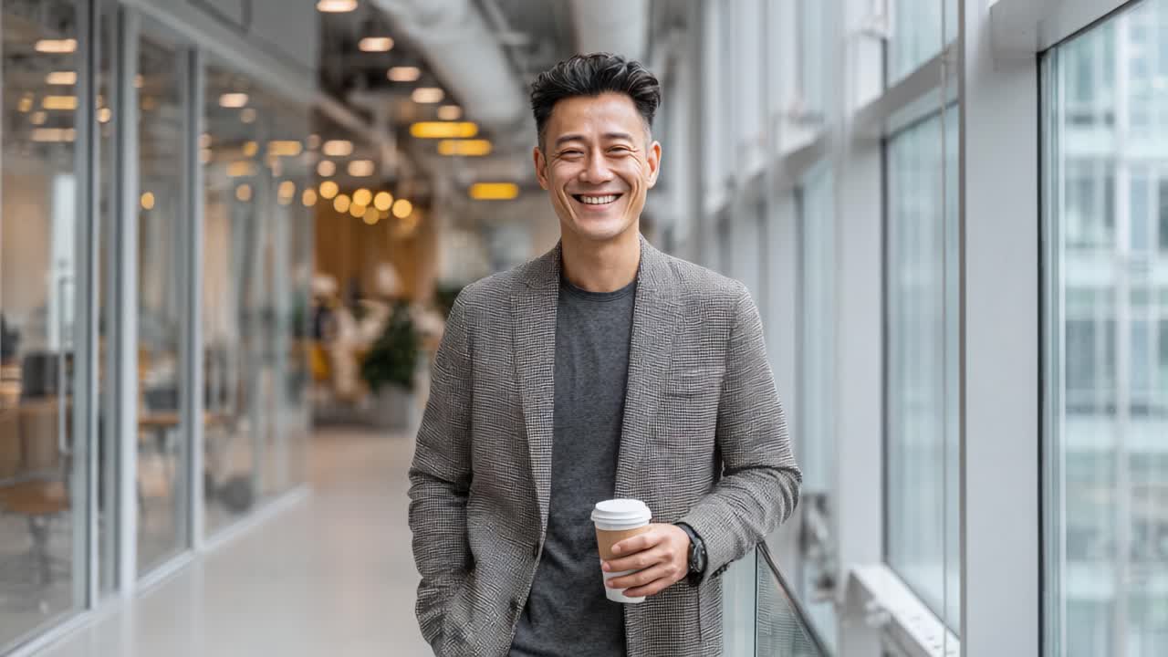 A confident young man smiling warmly while holding a coffee cup, dressed in a stylish blazer, walking through a modern office corridor with large windows and bright lighting