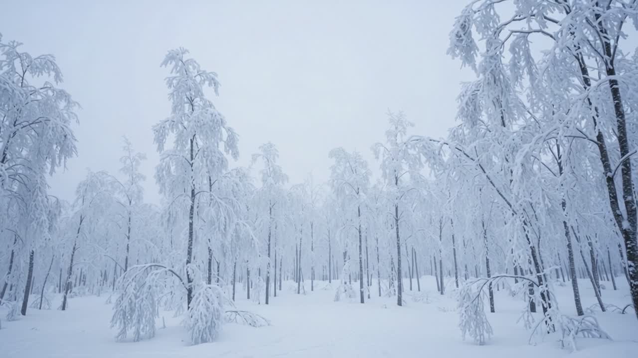 A Serene Winter Landscape Captured Amidst a Snow-Blanketed Forest, Showcasing Frosted Trees and a Tranquil Atmosphere Under Overcast Skies