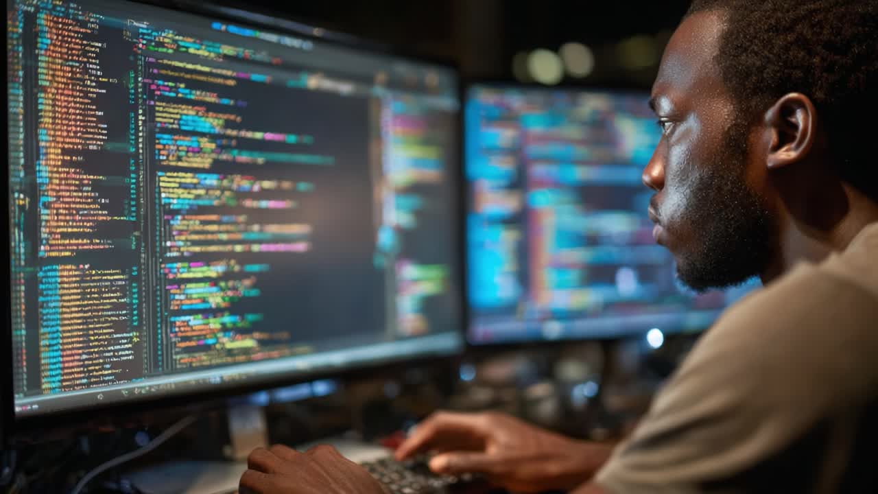 Focused Programmer Engaged in Complex Coding, Displaying Lines of Code on Multiple Monitors During Nighttime Work Session in Dimly Lit Environment