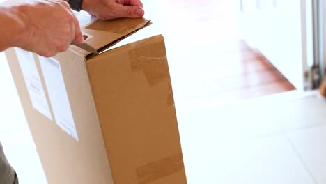 hands carefully open a cardboard box in a well-lit room, emphasizing precision and anticipation