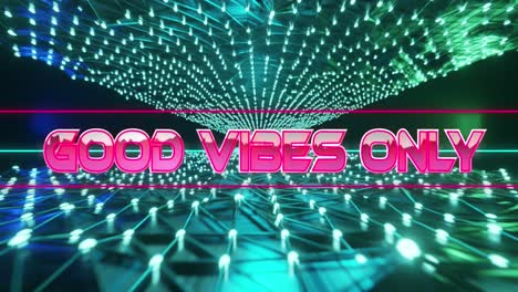animación de buenas vibraciones sólo texto en rosa metálico sobre una red móvil de luces blancas