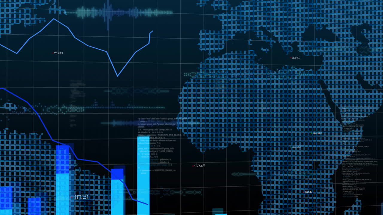 Animation of data processing over diagrams and world map